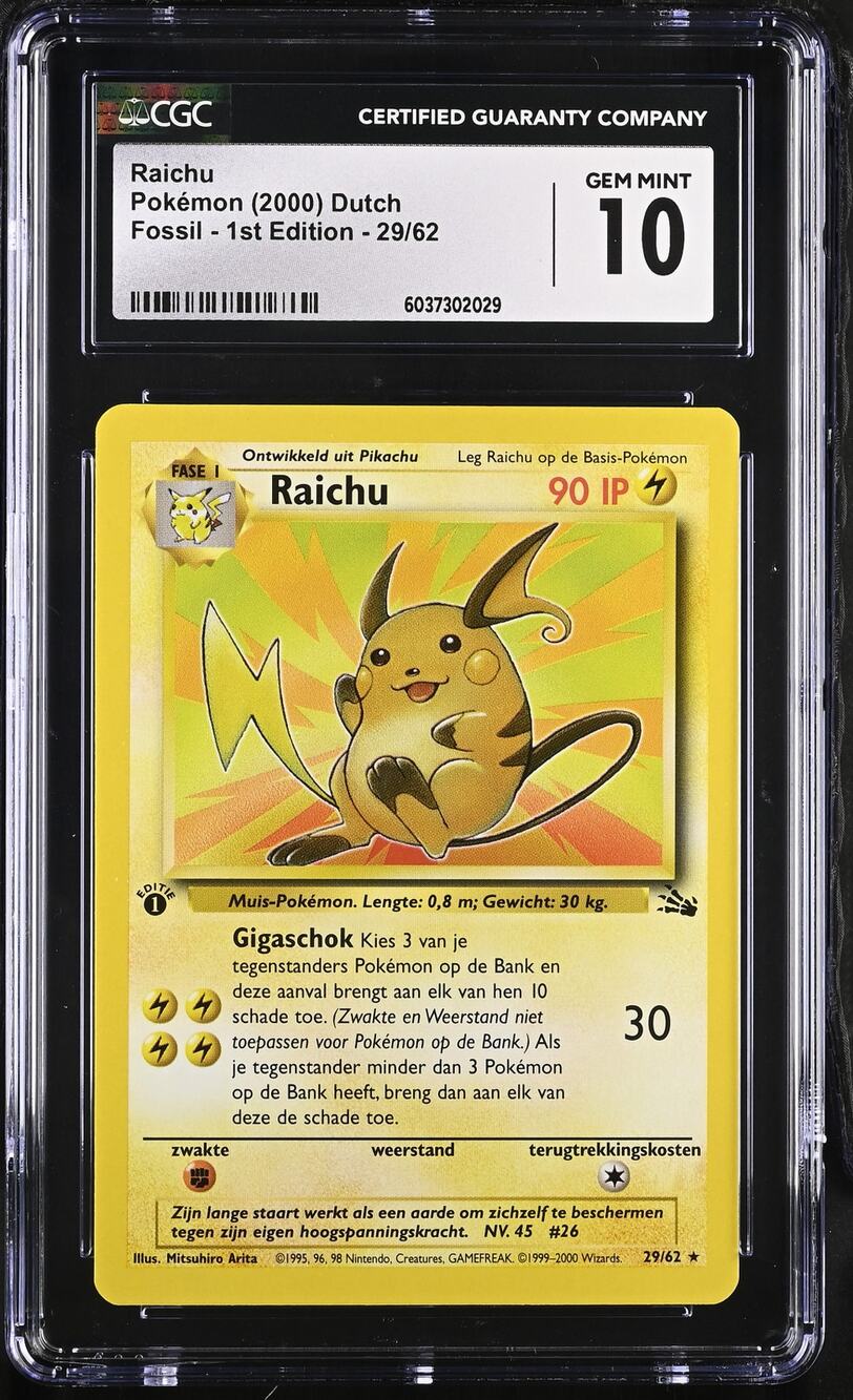 CGC 10 GEM MINT Raichu 1st Edition 29/62 Pokémon 2000 Dutch Fossil (PSA/BGS)